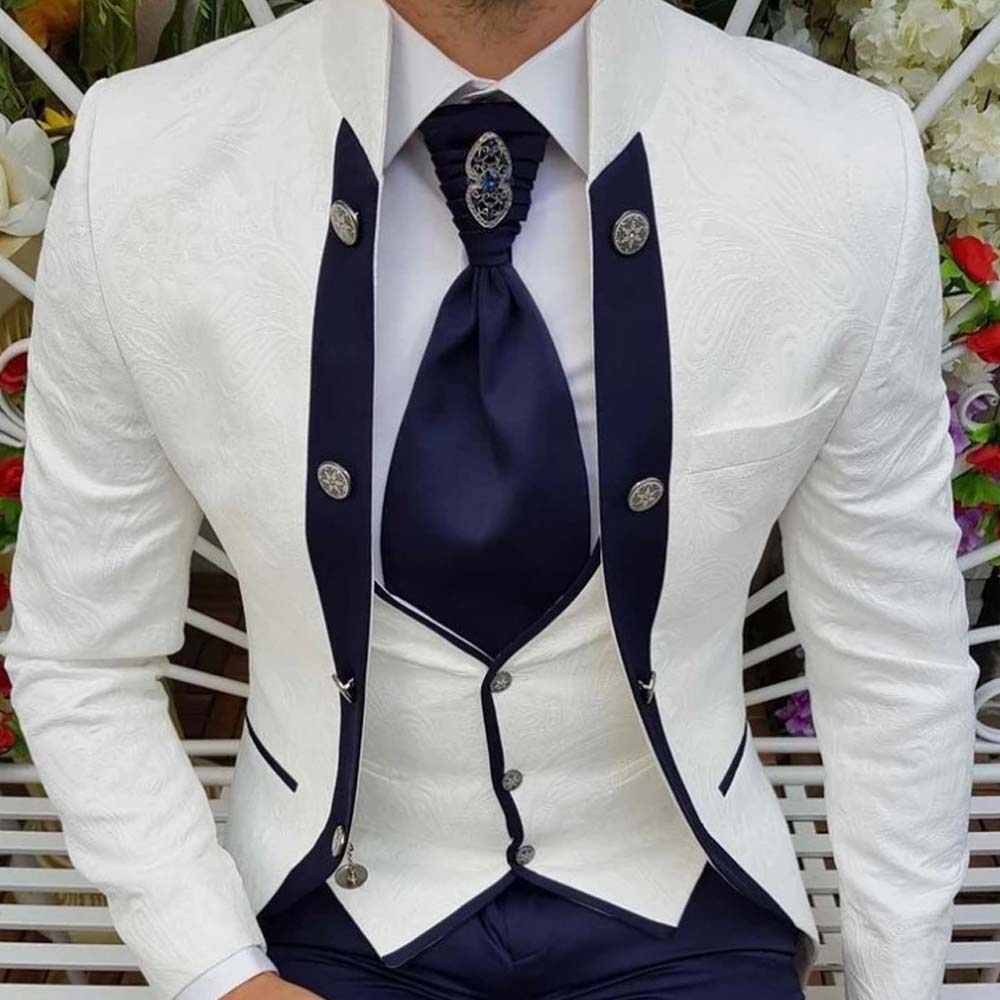Print White and Blue Wedding Tuxedos 3 Pieces Slim Fit Mens Suit for Special Occasion Contrast Color Business Prom Wear