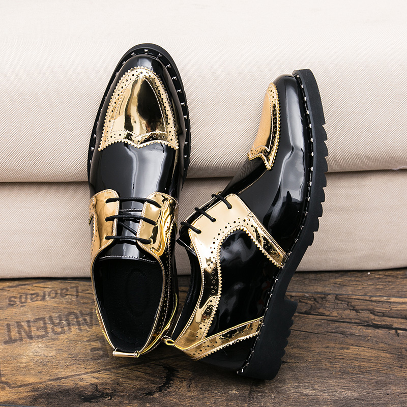 Derby Shoes Men Shoes Color-blocking PU Gold Sequins Wingtip Lacing Fashion Business Casual Wedding Party Daily All-match AD035