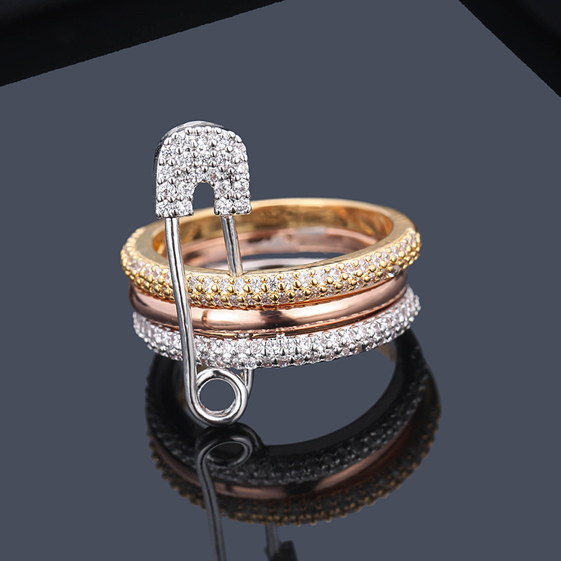 New Design Safety Pin Ring for Women Special Classic Rings Girl Rose Gold Mixed Color AAA Zircon Fashion Jewelry Gift Party297o