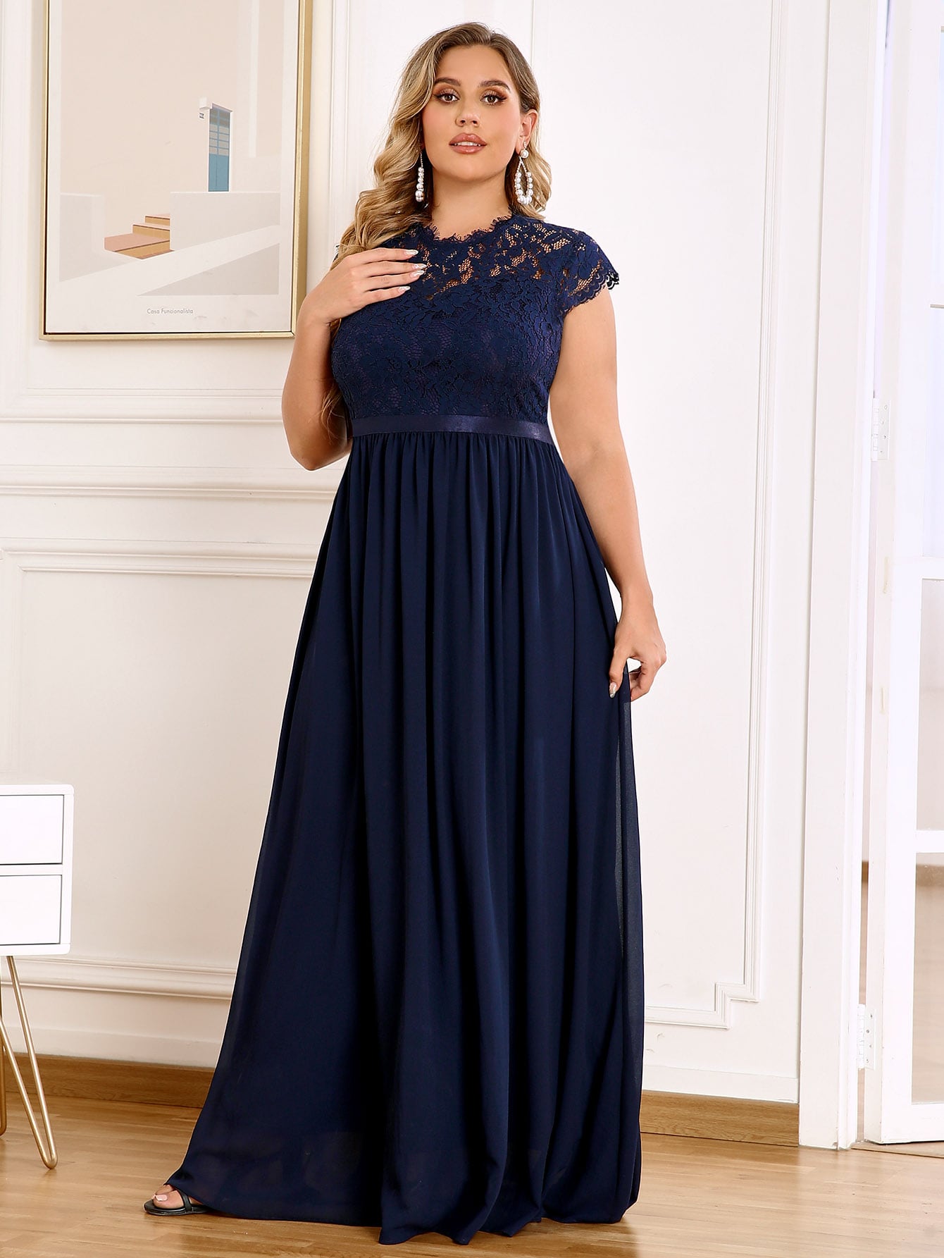 Navy Blue Lace Plus Size Bridesmaid Dresses Sheer Jewel Neck Country Maid Of Honor Dress A e or Length Chiffon Evening Gowns