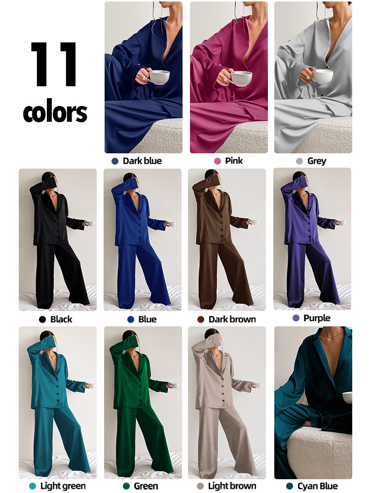 Women's Sleepwear Sexy Low Cut Fashion Pajamas Set For Women Loose Casual Long Sleeve Trouser Suits Solid Satin Silk Female Home Fitted Tops 2Pce