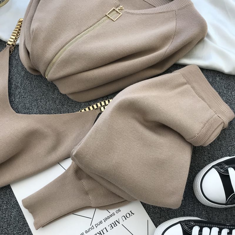 Women's Two Piece Pants Fashion 3 Set Women Sexy Chain Vest Long Sleeve Zipper Cardigan Elastic Waist Tracksuit Knitted Suit 220830