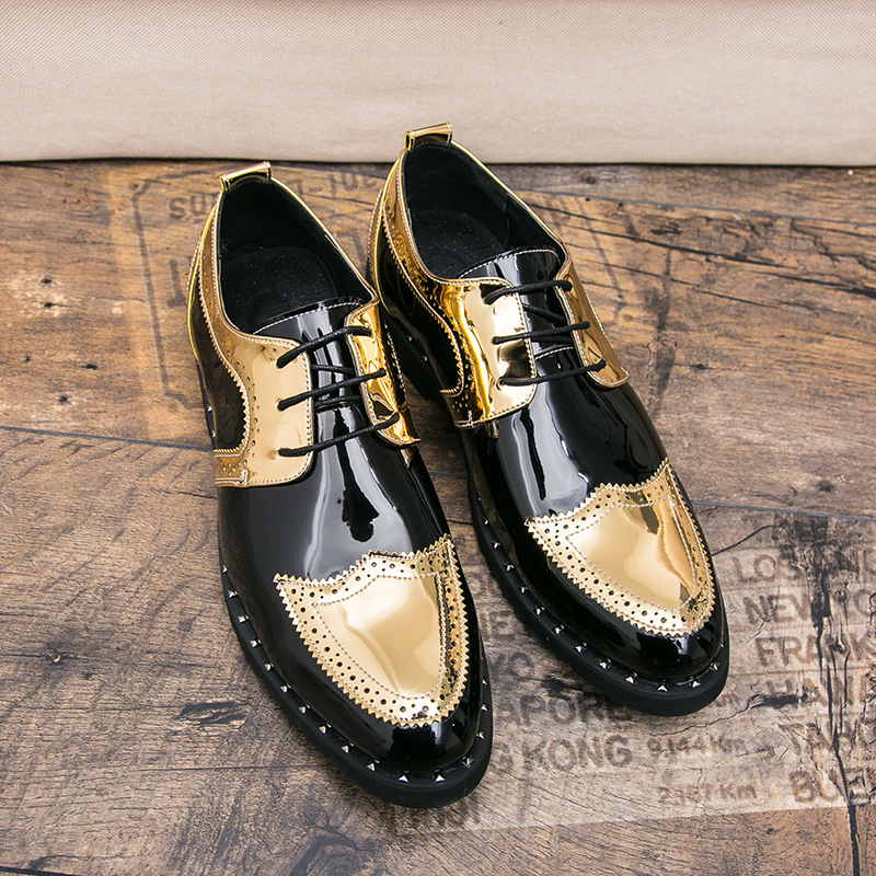 Derby Shoes Men Shoes Color-blocking PU Gold Sequins Wingtip Lacing Fashion Business Casual Wedding Party Daily All-match AD035