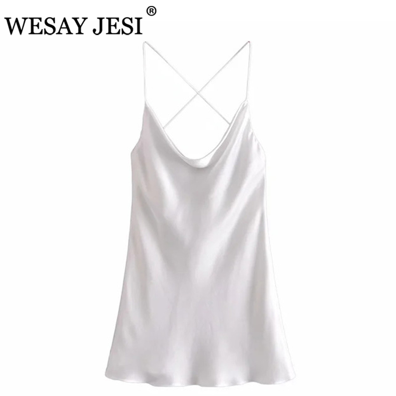 Casual Dresses WESAY JESI Summer Dress Women White Rear Back Cross Suspender Dress V-Neck Sleeveless Backless Sexy Female Mini Dresses 0830