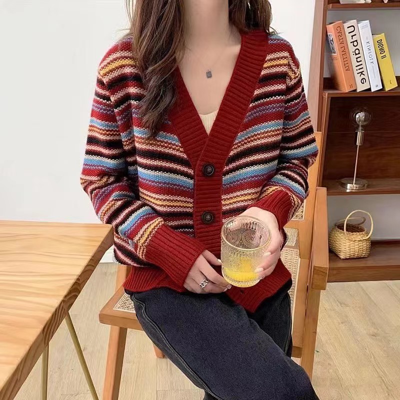 Women's Knits Tees Spring Cardigans Elegant Multicolor Print Knitted Sweater Long Sleeve Coat Tops Ladies Casual Pocket Sweaters 220830