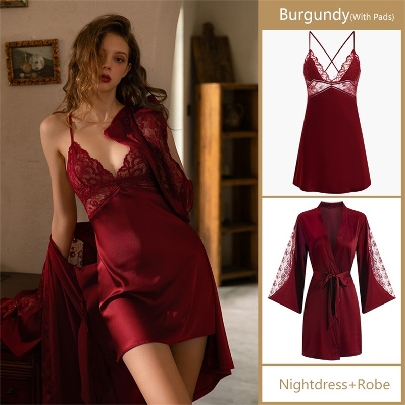 Women's Robe Sets Night Dress Women Satin Sleepwear Bride Bridesmaid Wedding Gift Sexy Lace Nightgown Kimono Bathrobe Gown 220830