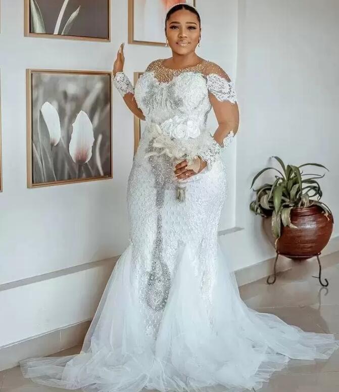 Plus Size Mermaid Wedding Dresses Long Sleeves aso ebi Bridal Gown Jewel Neck Beaded Lace Applique Sweep Train vestido de novia