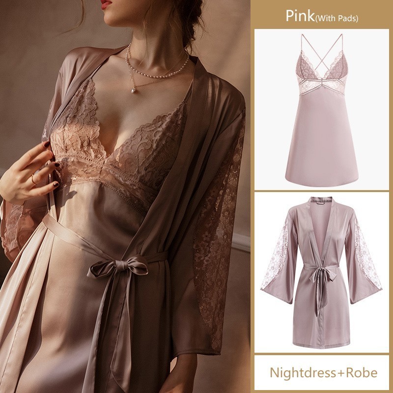 Women's Robe Sets Night Dress Women Satin Sleepwear Bride Bridesmaid Wedding Gift Sexy Lace Nightgown Kimono Bathrobe Gown 220830