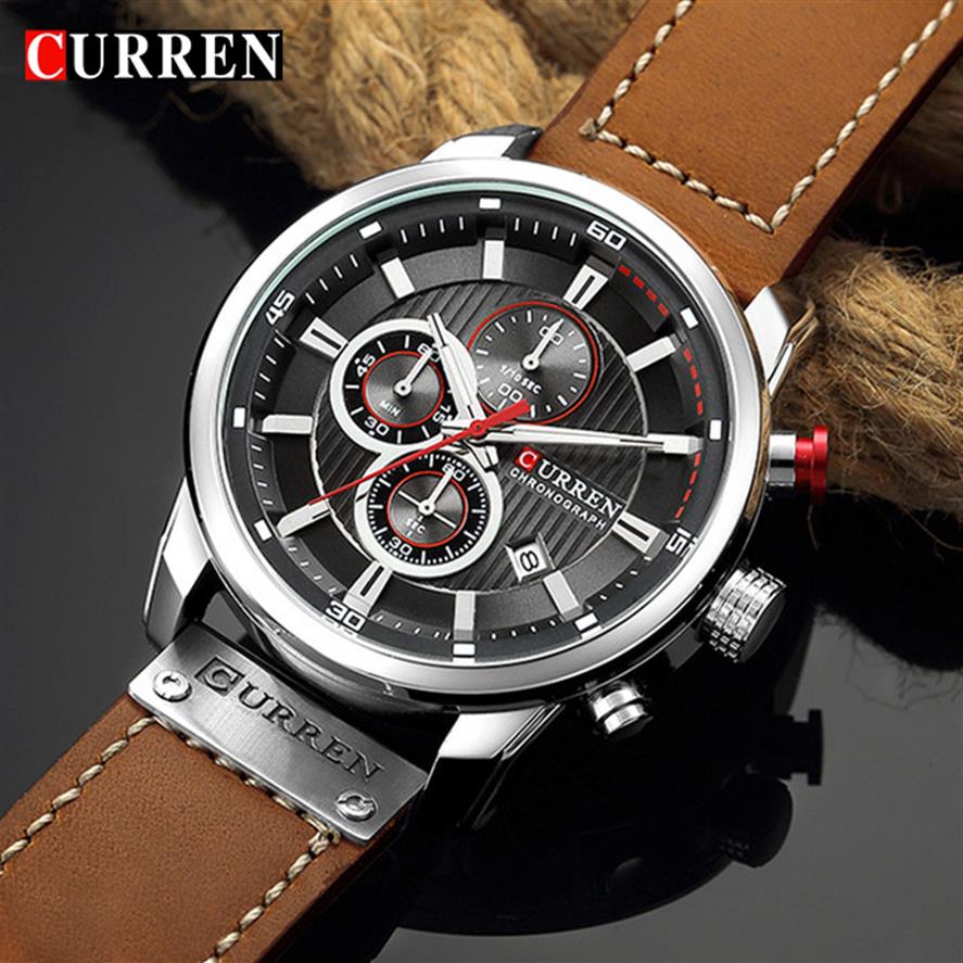 Les hommes regardent Curren Top Mens Chronograph Sport Watch Male Male Malan en cuir imperm￩able CHORME ANALOLIQUE 8291321V