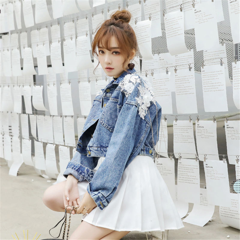 Women's Jackets Beading Jean Denim Short For Women Loose Chaqueta Mujer Office Coat Autumn Flower Female Chaquetas Oversized Outerwear 220919