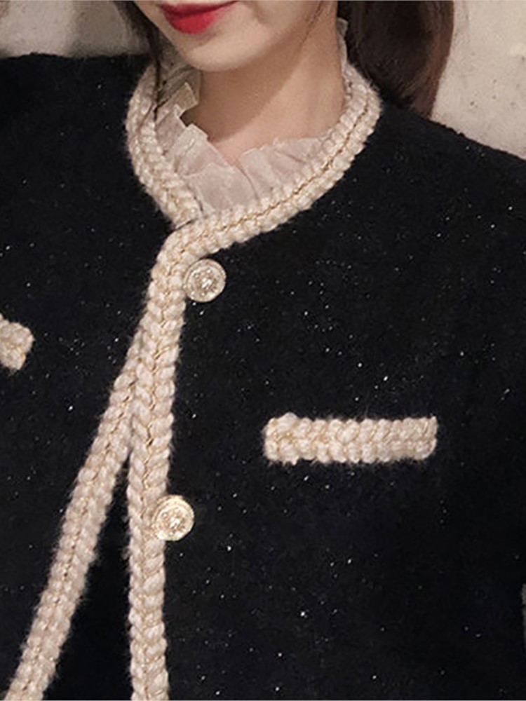 Women's Jackets Hstar Elegant Slim Short Autumn Caot Women Korean style Lace Pathchwork Tweed jackets court knitted Cardigan outwear 220830