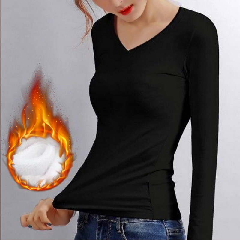 Women's Thermal Underwear Women Seamless Bottoming Shirt Solid Color Longsleeved Tshirt Thin Velvet Heating Fiber Top 220830