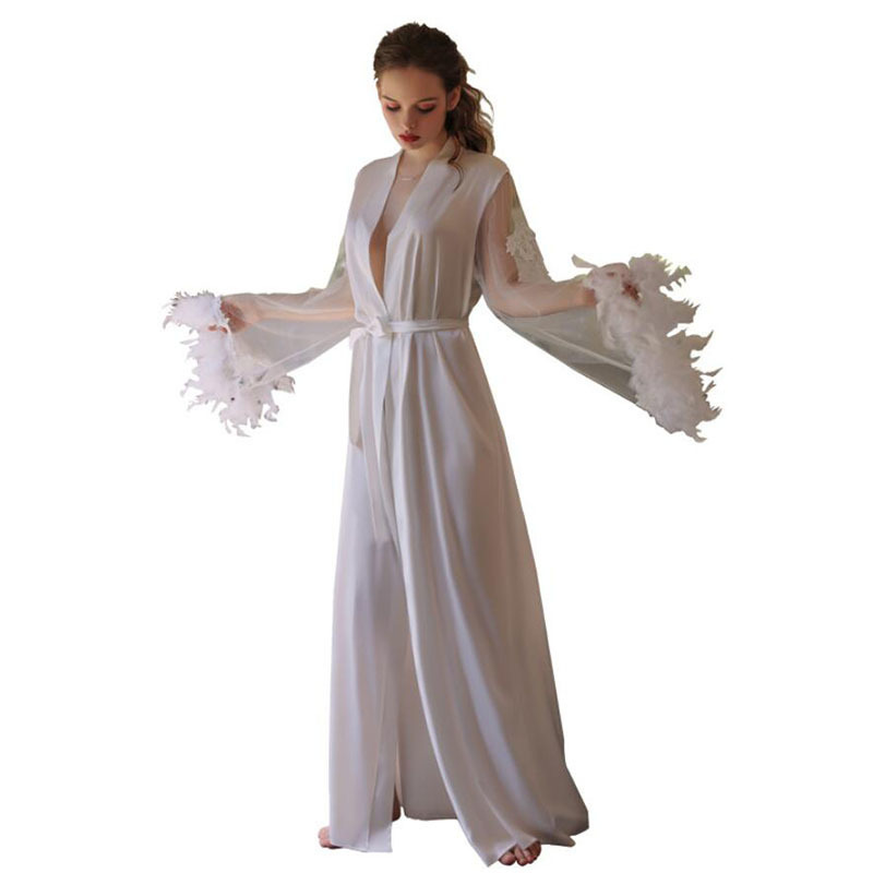 Women's Robe Long Bride Wedding Pijama White Bathrobe Female Sexy Sleepwear Women Mesh And Feather Cuffs Homewear Embroidery Lace FG394 220830