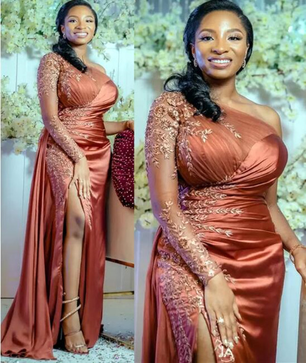 Arabic Aso Ebi One Shoulder Mermaid Prom Dresses leaf Lace Beaded High Split Evening Second Reception Bridesmaid Gowns Dress