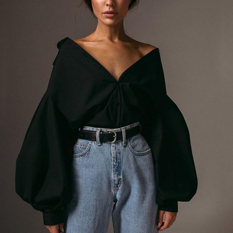 Women's Blouses Shirts Casual Vintage Sexy Button White Blouse Lantern Sleeve Oversized Loose Shirt Cotton Office Ladies Tops Blusas 10903 220830