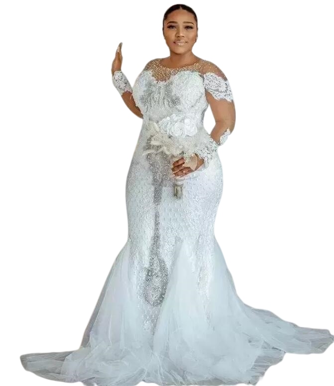 Plus Size Mermaid Wedding Dresses Long Sleeves aso ebi Bridal Gown Jewel Neck Beaded Lace Applique Sweep Train vestido de novia