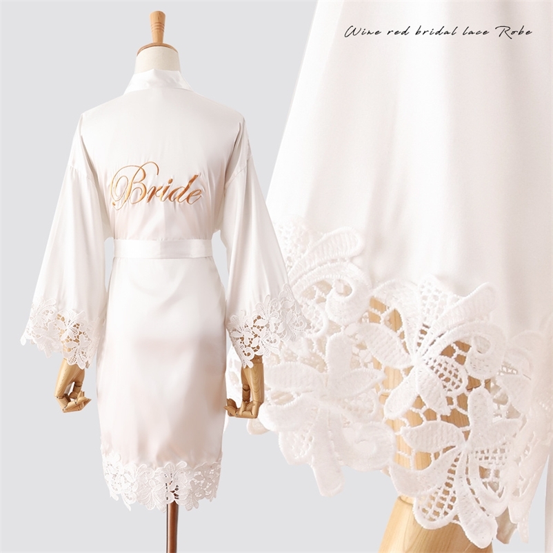 Women's Robe White Bride Bridesmaid Wedding Satin Bathrobe Women Lace Patchwork Sleepwear Intimate Lingerie Sexy Nightdress Kimono Gown 220830
