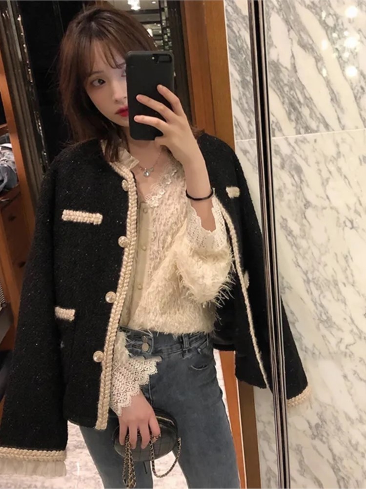 Women's Jackets Hstar Elegant Slim Short Autumn Caot Women Korean style Lace Pathchwork Tweed jackets court knitted Cardigan outwear 220830