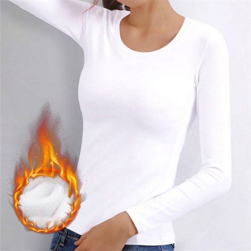 Women's Thermal Underwear Women Seamless Bottoming Shirt Solid Color Longsleeved Tshirt Thin Velvet Heating Fiber Top 220830