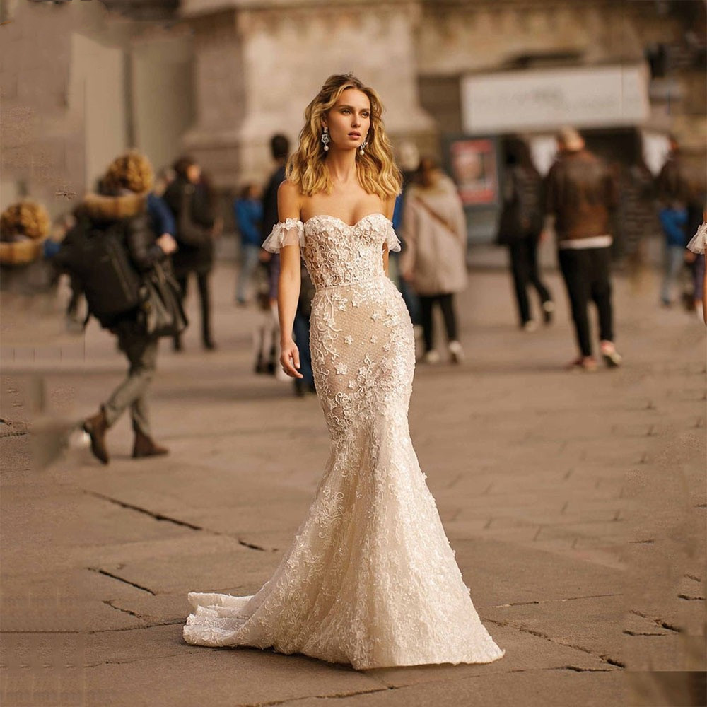 Mermaid Wedding Dress Sleeveless Sweetheart Off Shoulder 3D Lace Appliques Sequins Beads Floor Length Elegant Bridal Gowns Custom Made Vestido De Novi