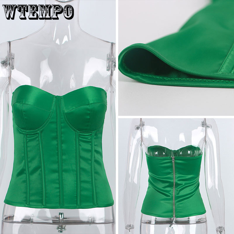 Women's Shapers Green Crop Tops Summer Sexy Strapless Off Shoulder Tube Party Sleeveless Bustier Tank Top Women Solid Halter Tee Satin Corset 220