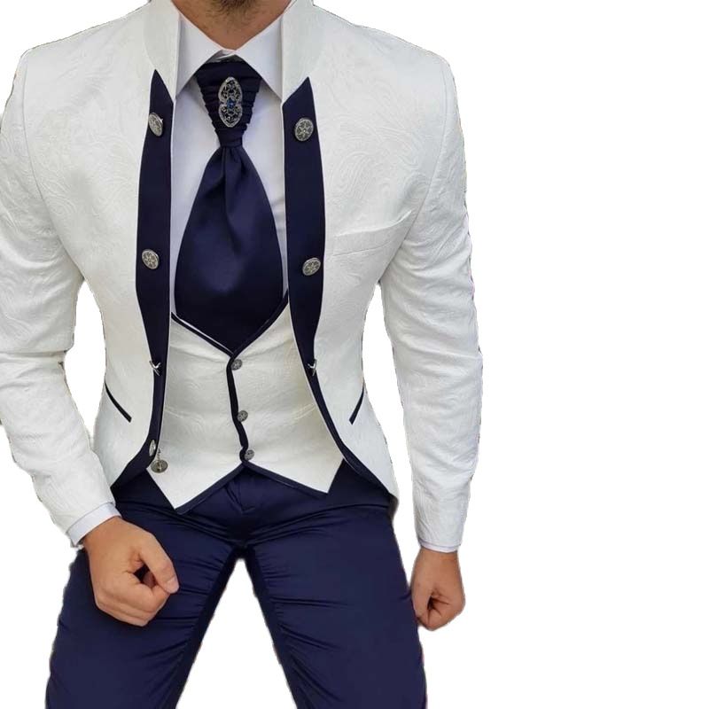 Print White and Blue Wedding Tuxedos 3 Pieces Slim Fit Mens Suit for Special Occasion Contrast Color Business Prom Wear
