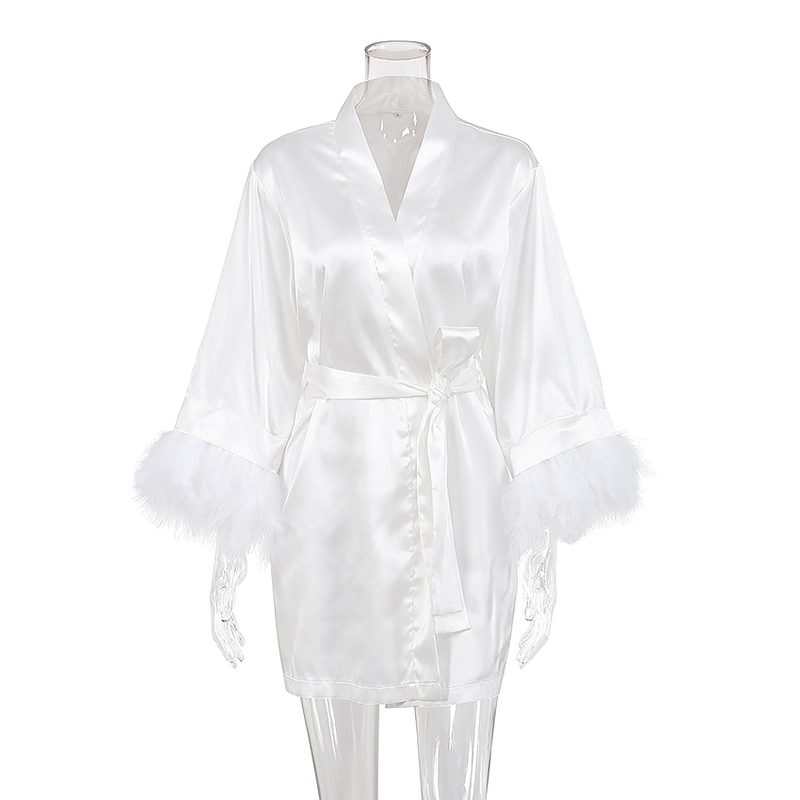 Women's Robe Hiloc White Feather With Fur Full Sleeves Sleepwear Satin s For Women Nightgown Bride Gown Dress Bathrobe Female 220830