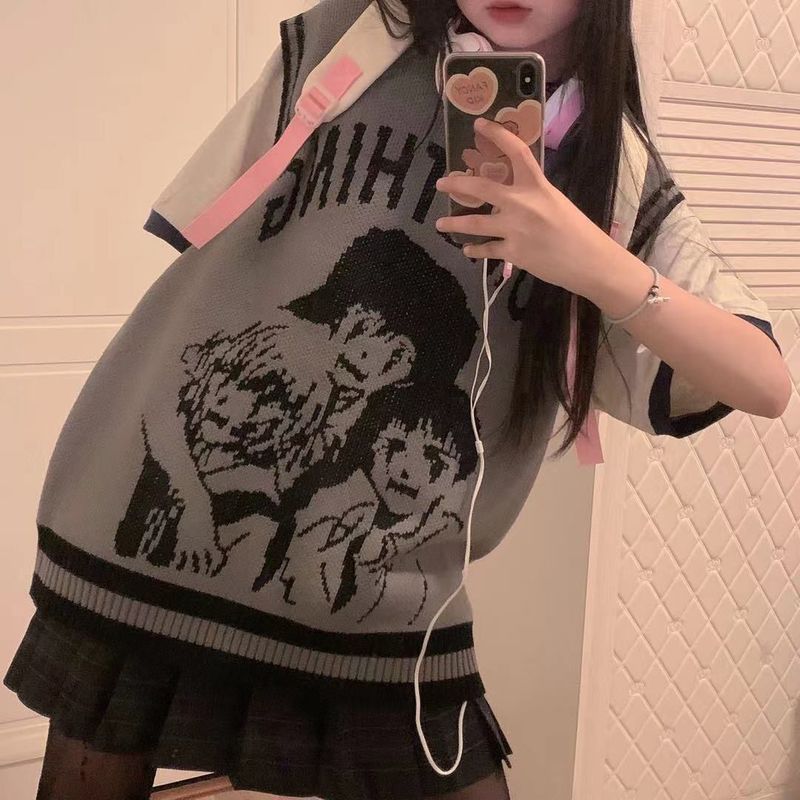 Men's Sweaters College Knitted Vest Sweaters Men Women Street Hip Hop Casual Band Cartoons Anime Pattern O-neck Sleeveless Sweaters Tops 220830