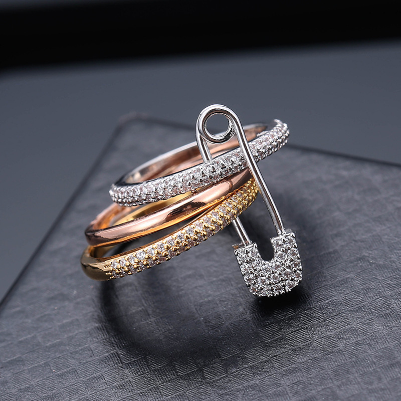 New Design Safety Pin Ring for Women Special Classic Rings Girl Rose Gold Mixed Color AAA Zircon Fashion Jewelry Gift Party297o