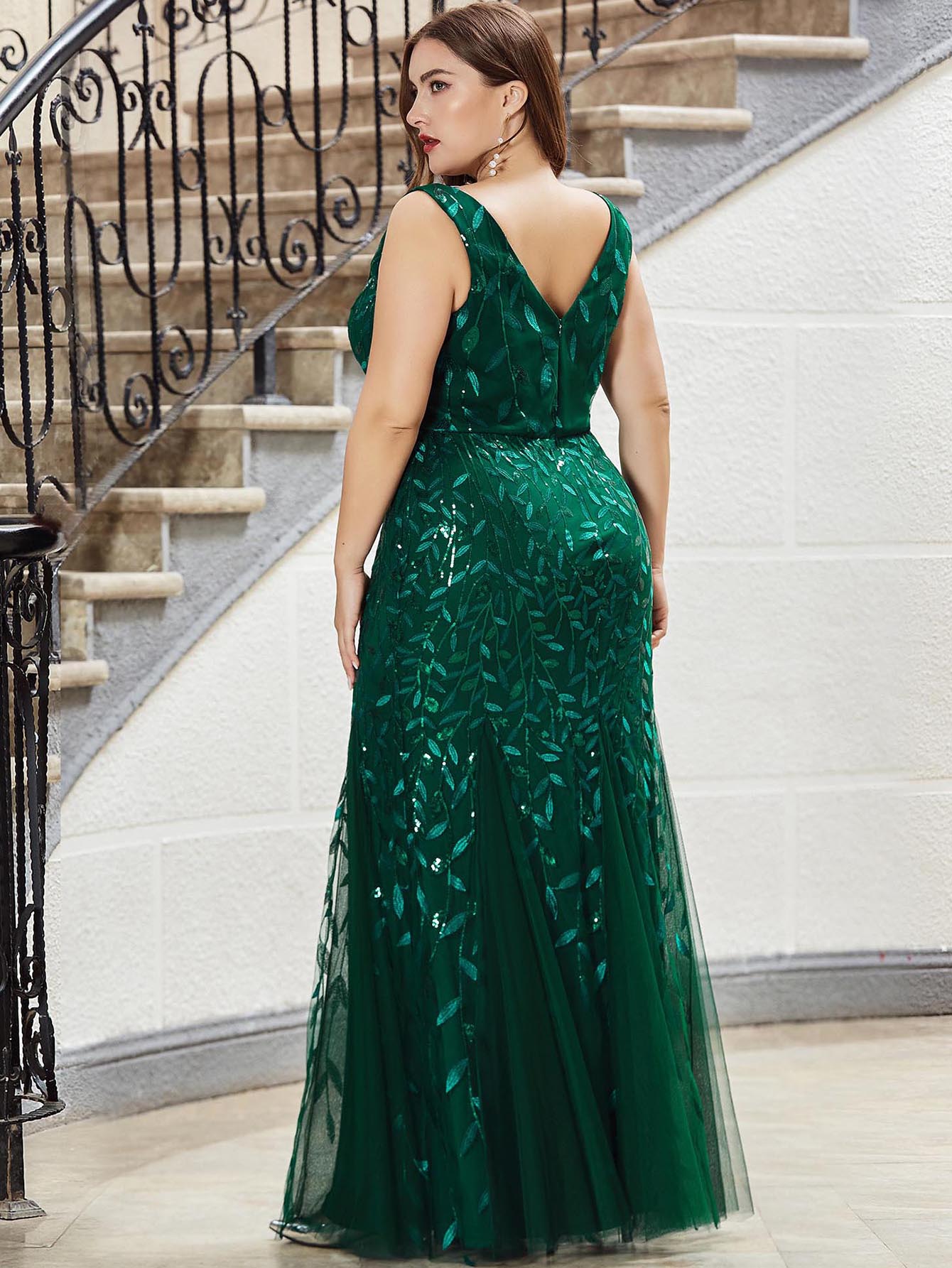 Stunning Hunter Plus Size Evening Dresses Deep V Neck Mermaid Appliqued Prom Gowns Sequined Or Length Tulle Special Ocn Dress 0220