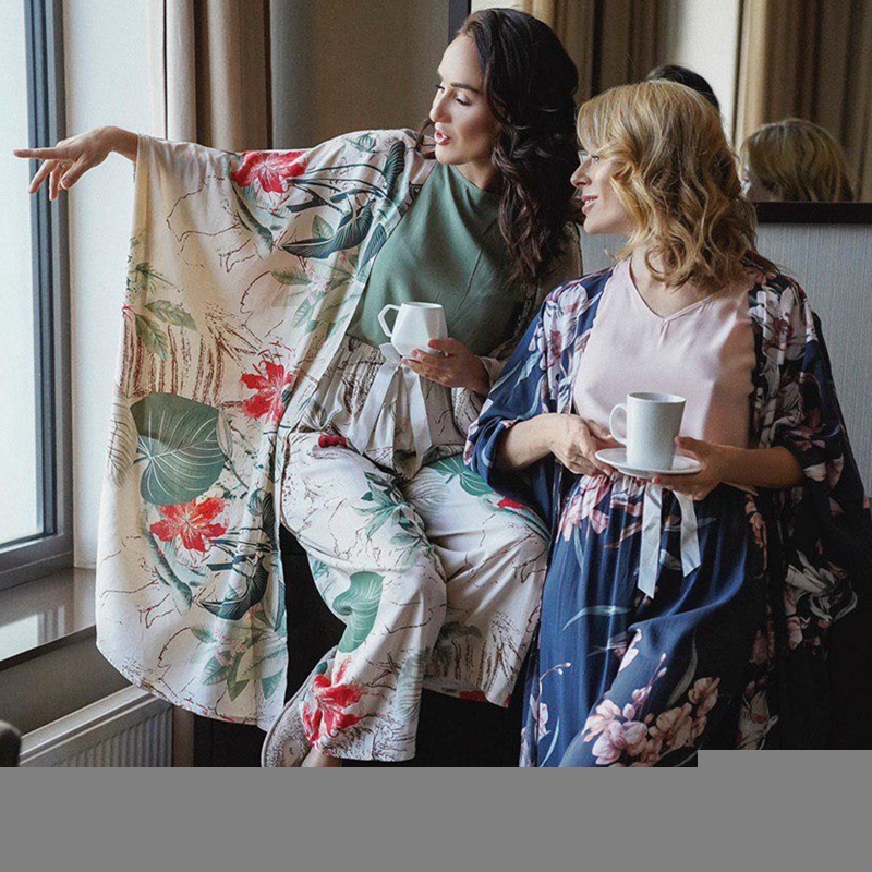 Women's Sleepwear JULY'S SONG 4 Pieces Soft Autumn Summer Women Pajamas Sets Floral Printed With Shorts Female Leisure Nightwear Suit 220830