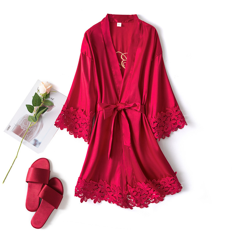 Women's Robe White Bride Bridesmaid Wedding Satin Bathrobe Women Lace Patchwork Sleepwear Intimate Lingerie Sexy Nightdress Kimono Gown 220830