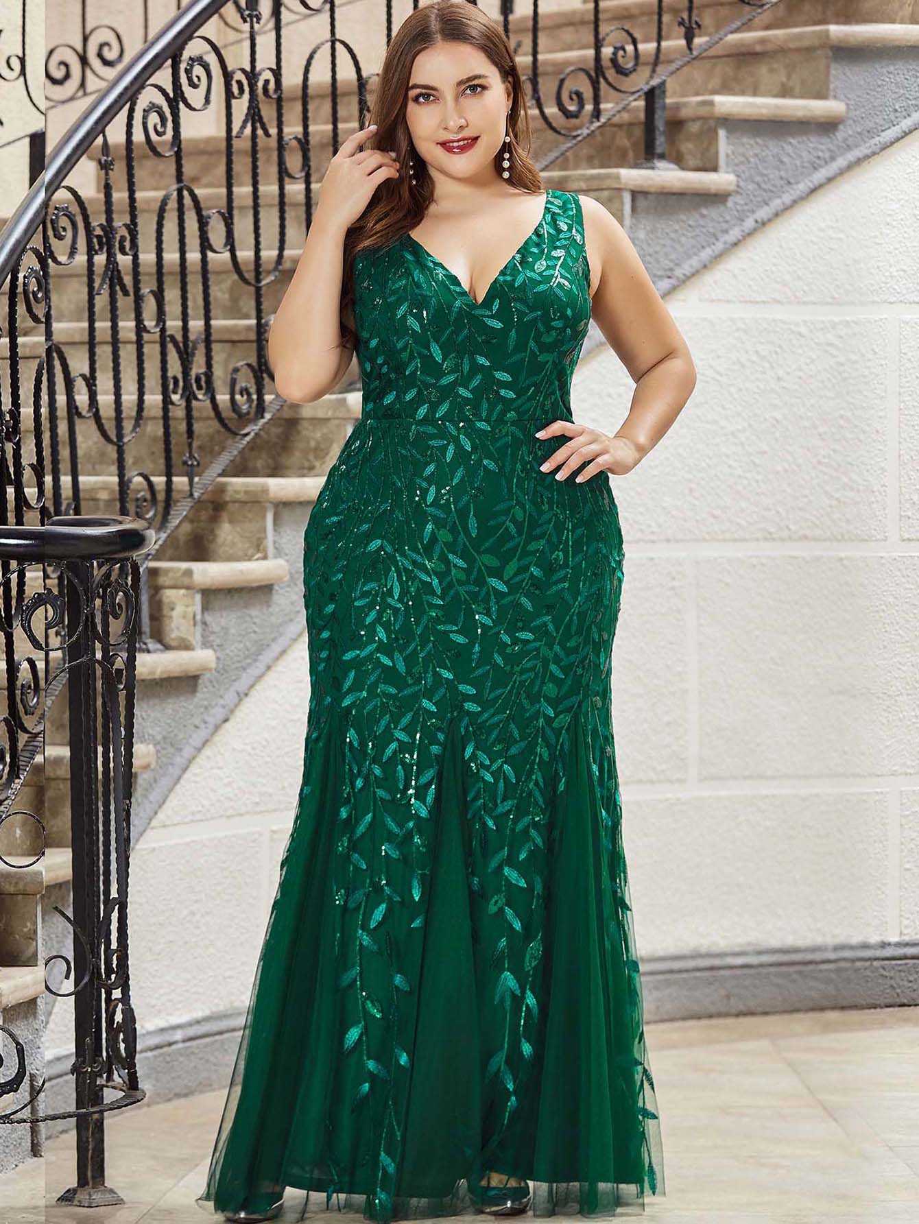 Stunning Hunter Plus Size Evening Dresses Deep V Neck Mermaid Appliqued Prom Gowns Sequined Or Length Tulle Special Ocn Dress 0220