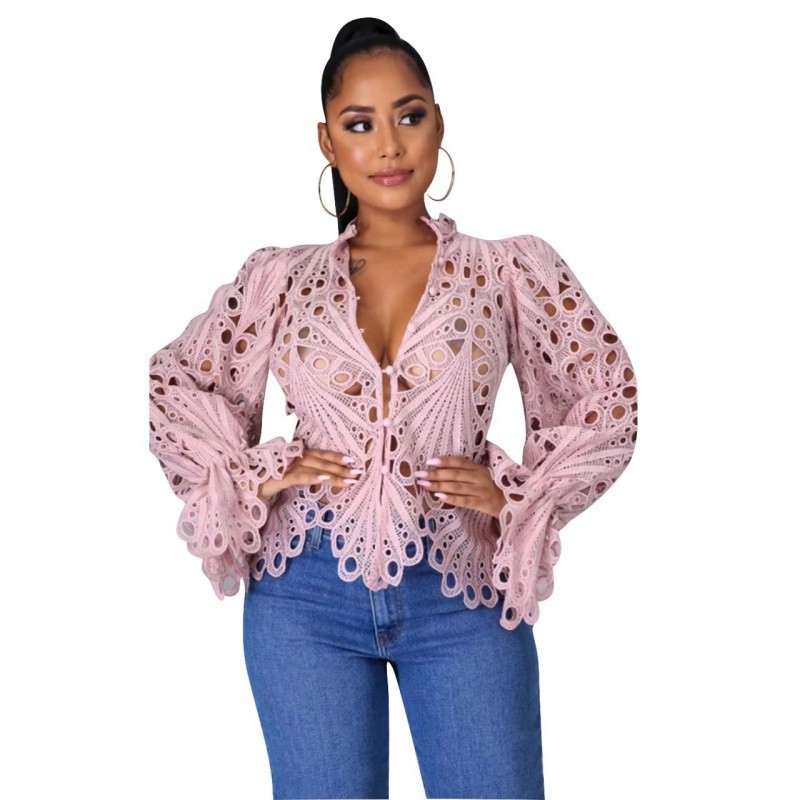 Women's Blouses Shirts Elegant Long Sleeve Hollow Out Mesh Lace Shirt Sheer See Through Top Blouse Clothing Dashiki African For Women 220830