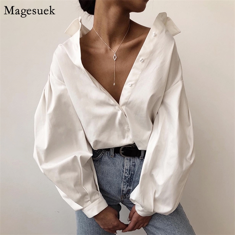 Women's Blouses Shirts Casual Vintage Sexy Button White Blouse Lantern Sleeve Oversized Loose Shirt Cotton Office Ladies Tops Blusas 10903 220830