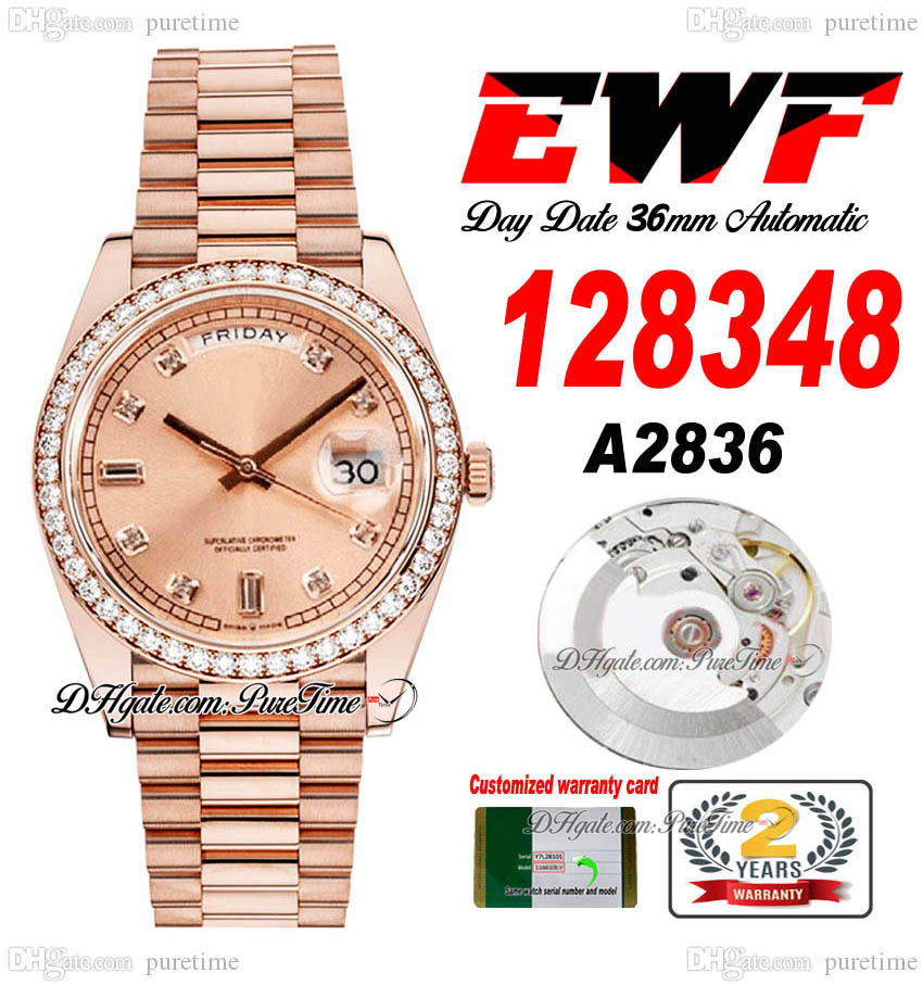 EWF Day Date 128348 A2836 Automatic Unisex Watch Mens Ladies RG Diamonds Bezel Champagne Dial Presidential Bracelet Same Serial Card Super Edition Puretime D4, Customized waterproof service
EWF Day Date 128348 A2836 Automatic Unisex Watch Mens Ladies RG Diamonds Bezel Champagne Dial Presidential Bracelet Same Serial Card Super Edition Puretime D4, Customized waterproof service