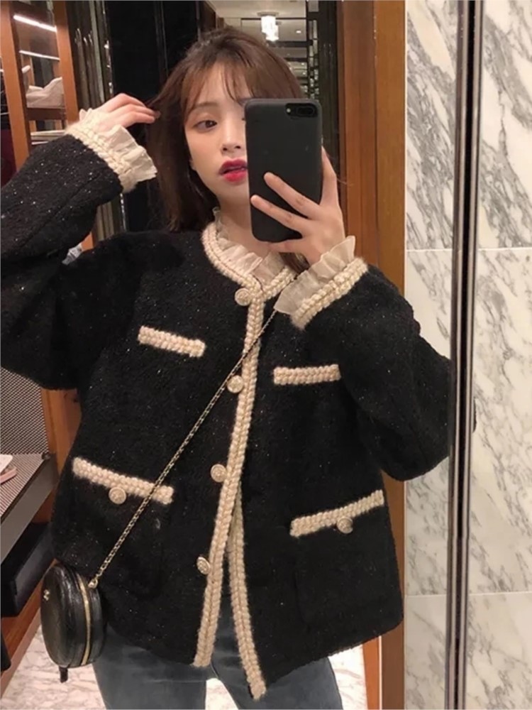 Women's Jackets Hstar Elegant Slim Short Autumn Caot Women Korean style Lace Pathchwork Tweed jackets court knitted Cardigan outwear 220830