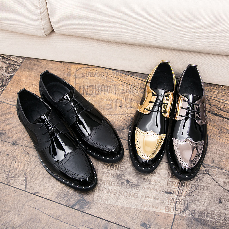 Derby Shoes Men Shoes Color-blocking PU Gold Sequins Wingtip Lacing Fashion Business Casual Wedding Party Daily All-match AD035