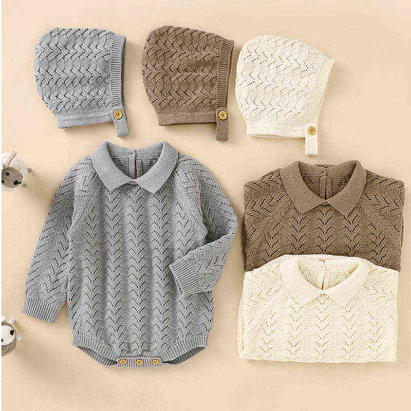 Rompers Newborn Baby Knitting Solid Color Long Sleeve Jumpsuit Hat Baby Girl Boys Knitting Bodysuits Autumn Winter Baby Girls Clothes T220829