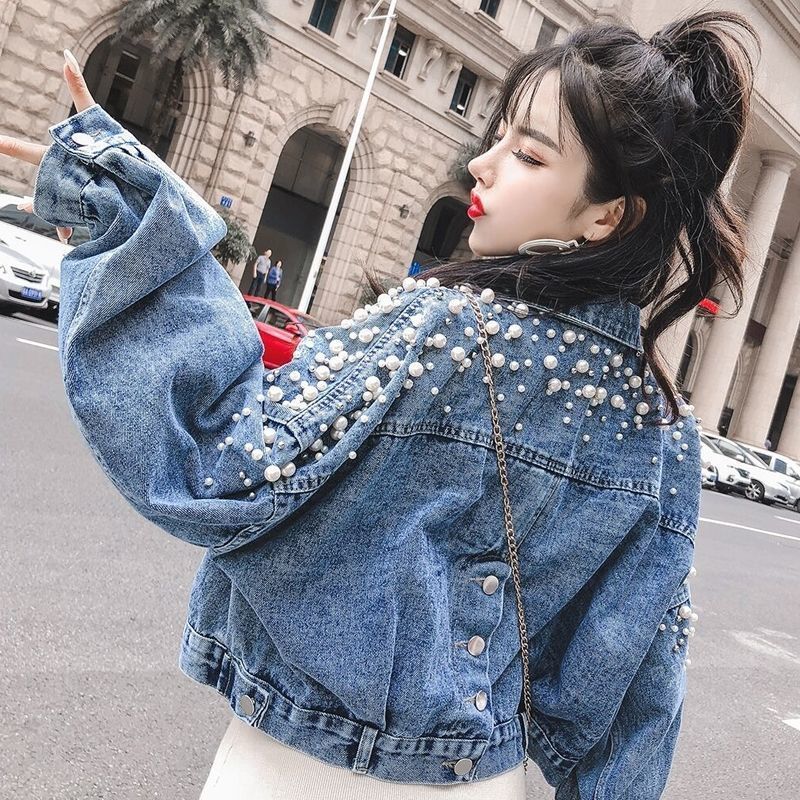 Women's Jackets Beading Jean Denim Short For Women Loose Chaqueta Mujer Office Coat Autumn Flower Female Chaquetas Oversized Outerwear 220919