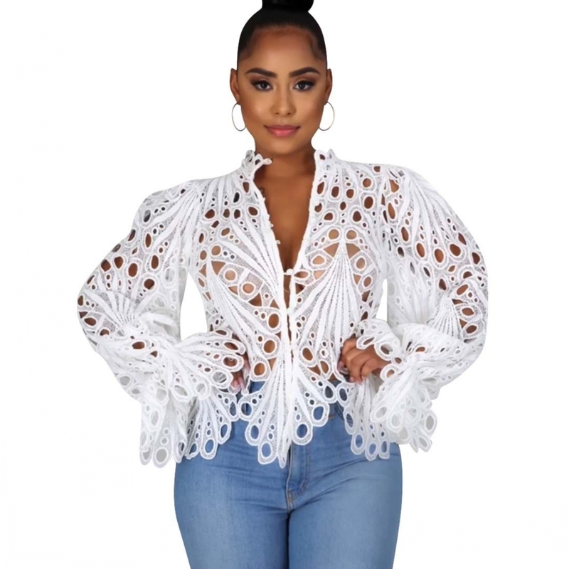 Women's Blouses Shirts Elegant Long Sleeve Hollow Out Mesh Lace Shirt Sheer See Through Top Blouse Clothing Dashiki African For Women 220830