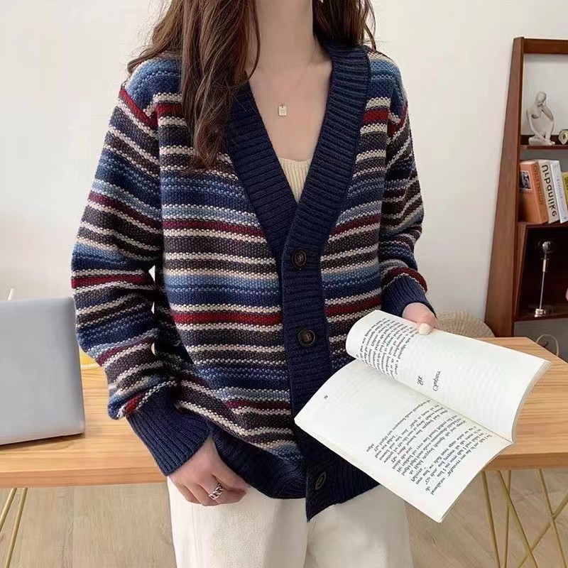 Women's Knits Tees Spring Cardigans Elegant Multicolor Print Knitted Sweater Long Sleeve Coat Tops Ladies Casual Pocket Sweaters 220830