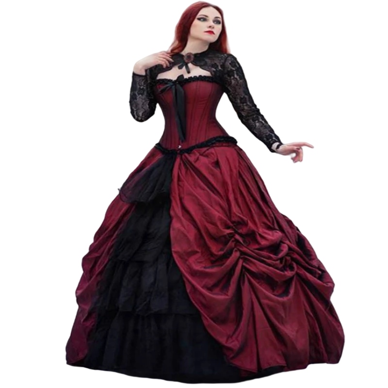 Victorian burgundy and Black Wedding Dress with Jacket Plus Size Gothic Applique Lace-up Corset Pleated Beauty Bride Gowns