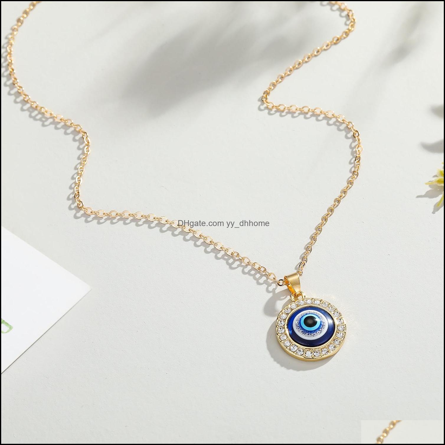 Pendant Necklaces Fashion Crystal Turkish Evil Eyes 14Mm Pendant Necklace For Women Girl Lucky Jewelry Elegant Clavicle Chain Short C Dhacf