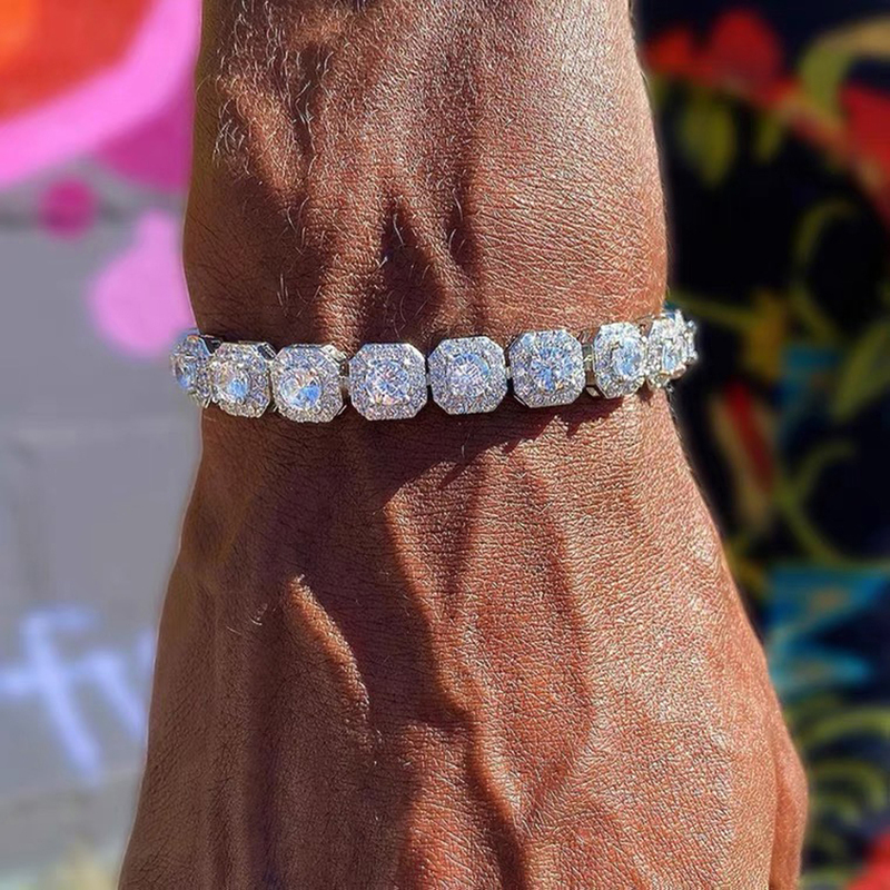 Bangle Iced Out Bling 5A Cubic Zirconia Square Charm Bracelet 8MM Silver Color CZ Tennis Chain Bangle Hip Hop Fashion Mens Jewelry 220831