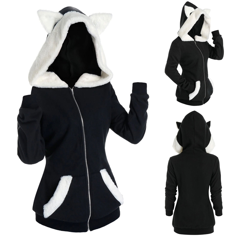 Womens Hoodies Sweatshirts Fashion Plush Cat Ear Hooded Jacket Coat Casual Sweatshirt Zipper Coat Streetwear Female Winter Long Sleeve Womens Outerwea