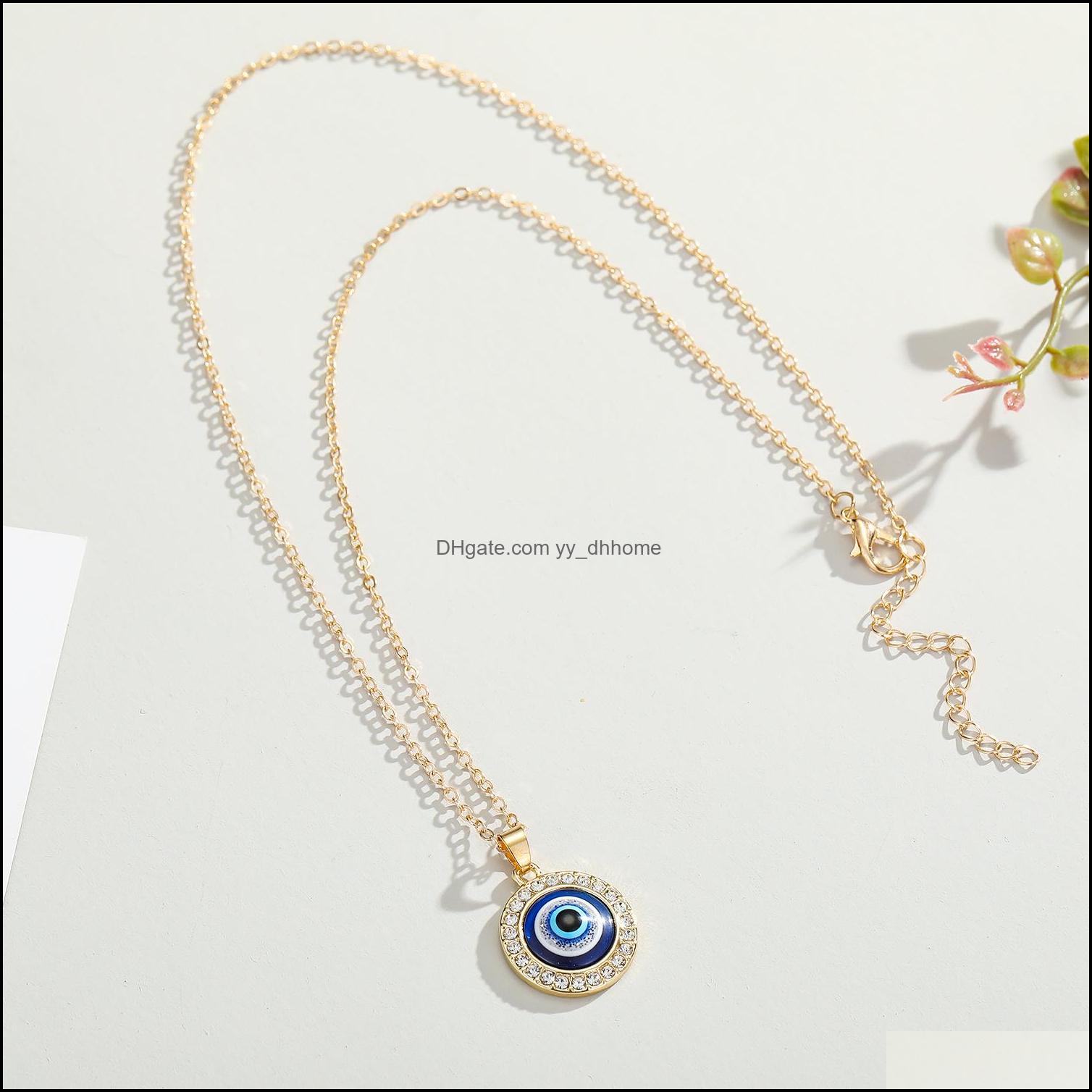 Pendant Necklaces Fashion Crystal Turkish Evil Eyes 14Mm Pendant Necklace For Women Girl Lucky Jewelry Elegant Clavicle Chain Short C Dhacf