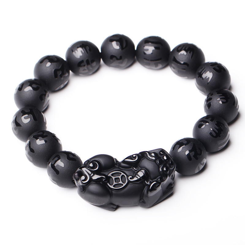 Bangle Natural Black Obsidian Matte PiXiu Beaded Charm Bracelet Brave Troops SixWord Mantra Wealth Pi Yao Bangle DIY Men Women Jewelry 220831