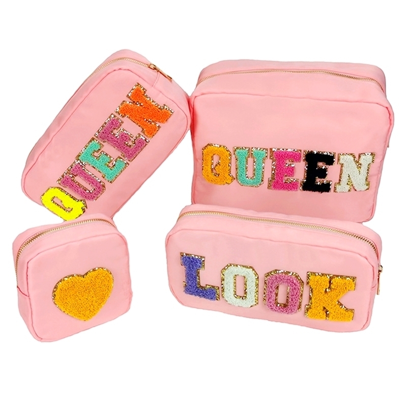 Cosmetic Bags Cases Four Sizes S M L Xl Diy Embroidery Patch Personalize Toiletry Pouch Waterproof Women Storage Nylon Travel Makeup Bag Organizer 220