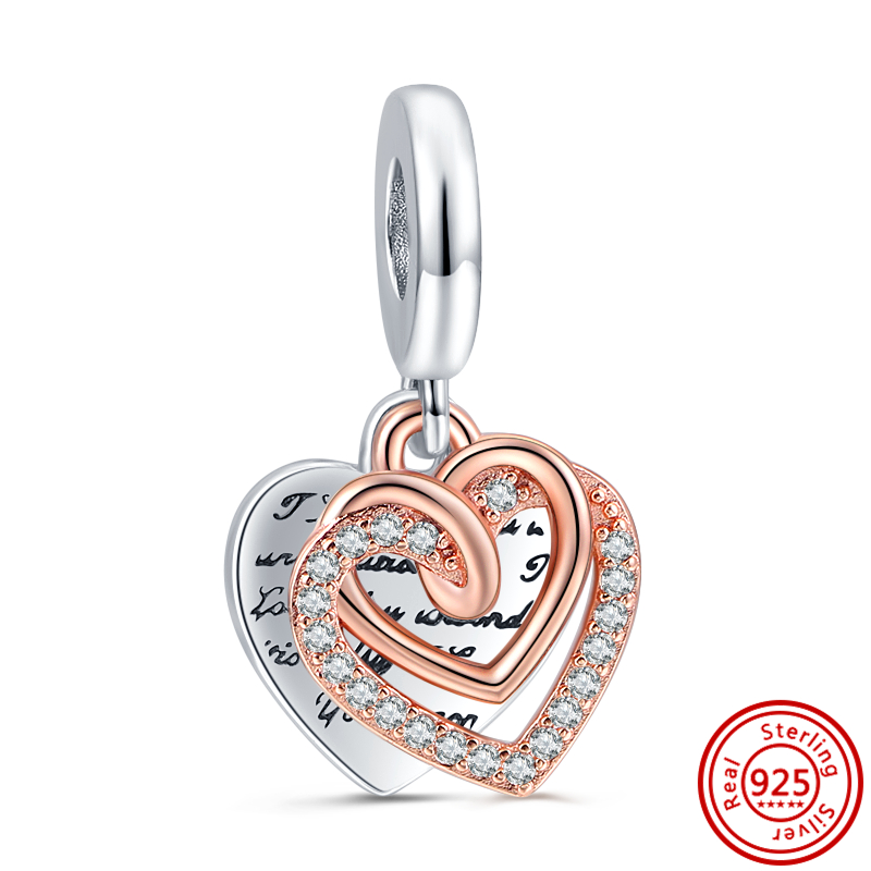 S925 Silver Charm bead fit Charms Bracelet Double Dangle Charm Beads Bracelets Pave Sparkg Heart charmes ciondoli DIY Fine Beads Jewelry